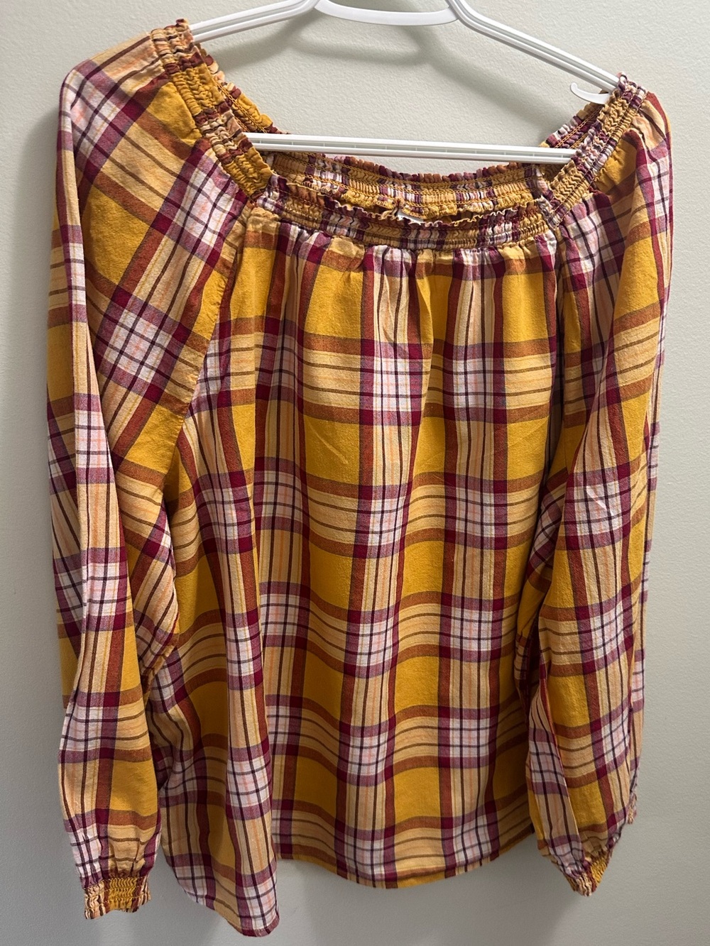 Old Navy Plaid Off-Shoulder Top in Mustard and Burgundy